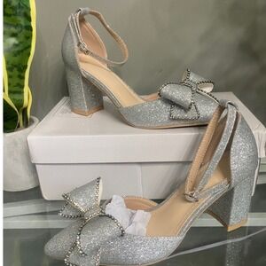 Silver Glitter Block Heel Pumps Rhinestone Bow Ankle Strap Evening Shoes Size